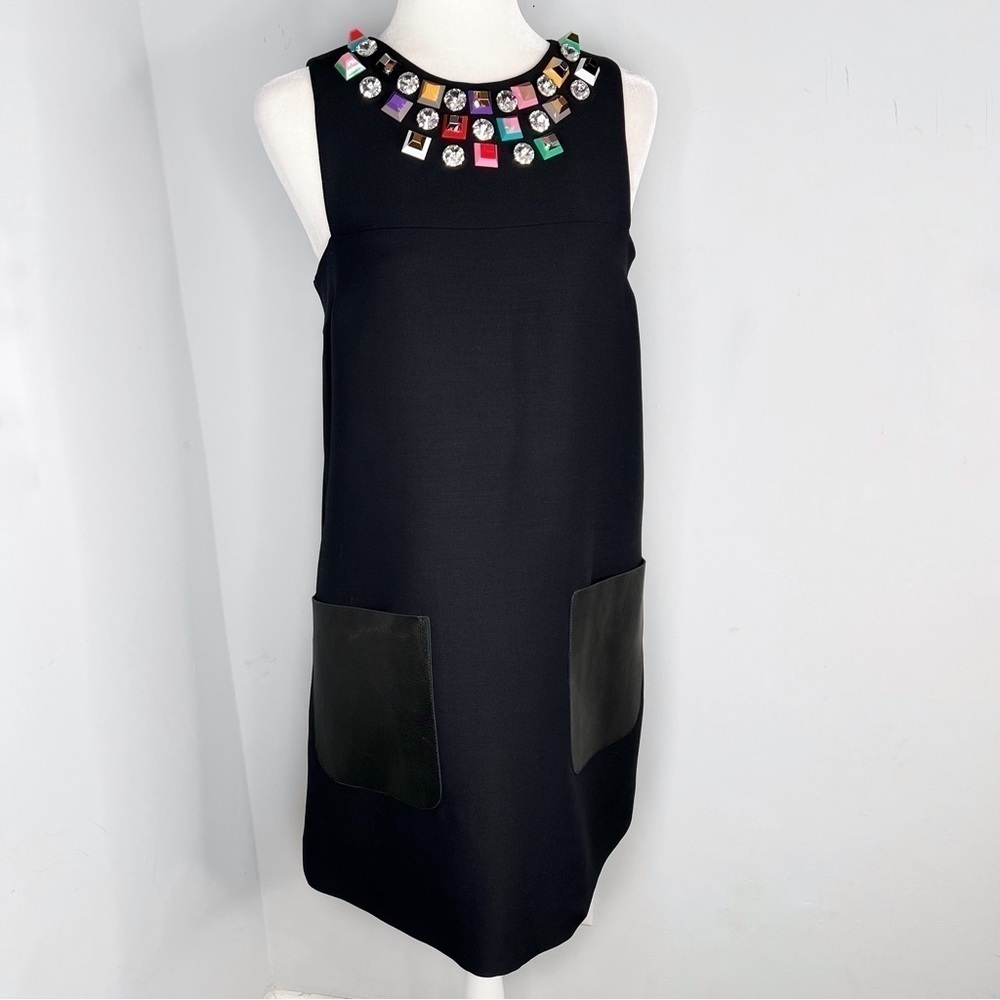 NWT Fendi Monster Eyes Embellished Black Leather Wool Cocktail Dress 42 6 - Picture 3 of 15